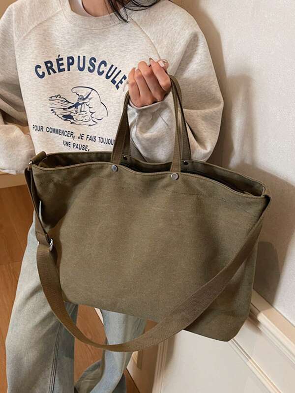 Bolsa de Lona Verde de Grande Capacidade e Estilo Minimalista Japonês, Bolsa Tote de Ombro/Transversal para Mulheres, Bolsa Versátil Casual, Adequada para Ir ao Trabalho, Escola, Universidade