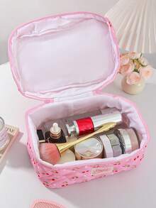 1 Set Cute Cherry Print Cosmetic Bag, Polka Dot Pattern Makeup Pouch, Girls Toiletry Organizer, Student Stationery Storage Bag, Children's Bedroom Essential, Quilted Handbag, Travel Essential, Back To School Dorm Organizer, Children's Day Gift, Summer Travel Organizer - Pink - View 7