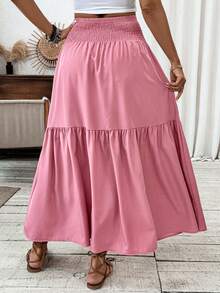 Stunning Floral Maxi Skirt - Flowy, Tiered, Elastic Shirred Waist, Pockets, Flared Hem, Woven - Perfect For Vacation, Spring, Summer, Fall, And Everyday Wear - 藕粉色 - 查看 3