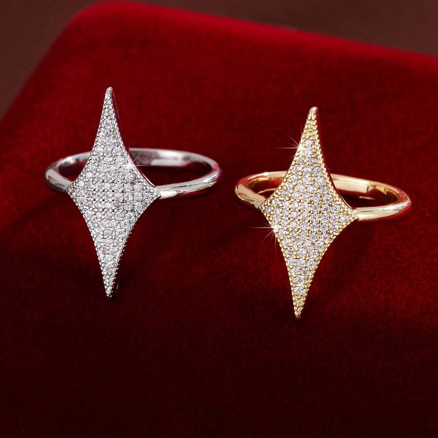 1pc Simple Four-Pointed Star Design Zirconia Inlaid Women Ring - Multicolor - View 1