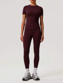 Sodalemon Women's Solid Color T-Shirt With No Front Seam Classic Design & Yoga Leggings Outdoor Running Training Fitness Set Summer - Burgundy - View 5