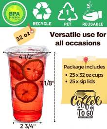 32 Oz  Plastic Cups With Strawless-Sip-Lids, 25 Sets Disposable Cups Plastic Iced Coffee Cups, To Go Cup With Sip Through Lids Smoothie, Milkshake, Cold Drinks Party, Wedding, Event - 25 - View 3