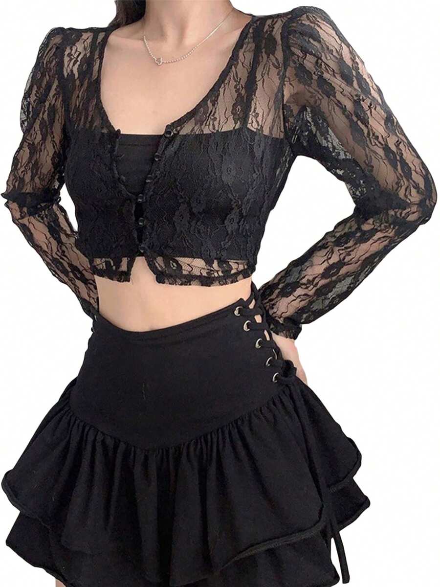 Sweet Girl Floral Lace See Through Cardigan Shirt Women Long Sleeve V Neck Slim Crop Top Beach Club Single Breasted Blouse - 黑色 - 查看 1