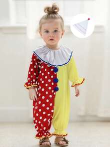 Toddler Baby Boys Girls Halloween Clown Costume Long Sleeve Contrast Color Ruffle Layered Jumpsuit Romper With Hat - 紅色 - 查看 6
