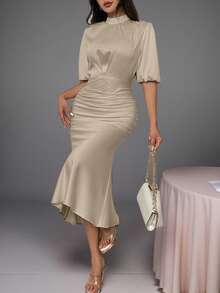 Women's Spring Summer Temperament Solid Color Short Sleeved Wrap Buttocks Fish Tail Dress - 卡其色 - 查看 4