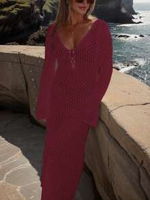 女士时尚、优雅、性感、简约纯色休闲针织V领露背罩衫长裙，适合海滩、音乐节、婚礼季、度假、春夏季节穿着。 - 紅色 - 查看 6