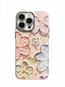 1pc Electroplated All-Wrapped Glitter Lens Film + Graffiti Oil Painting Begonia Flower Anti-Fall Phone Case Compatible With IPhone11/12/13/14/15 Plus/15 Pro/15pro Max
