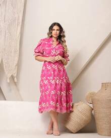 Women's Fashion Midi Dress In 3D Laise Fabric With Elastex On The Back And Button On The Front And Lining - 粉紅色雙色 - 查看 4