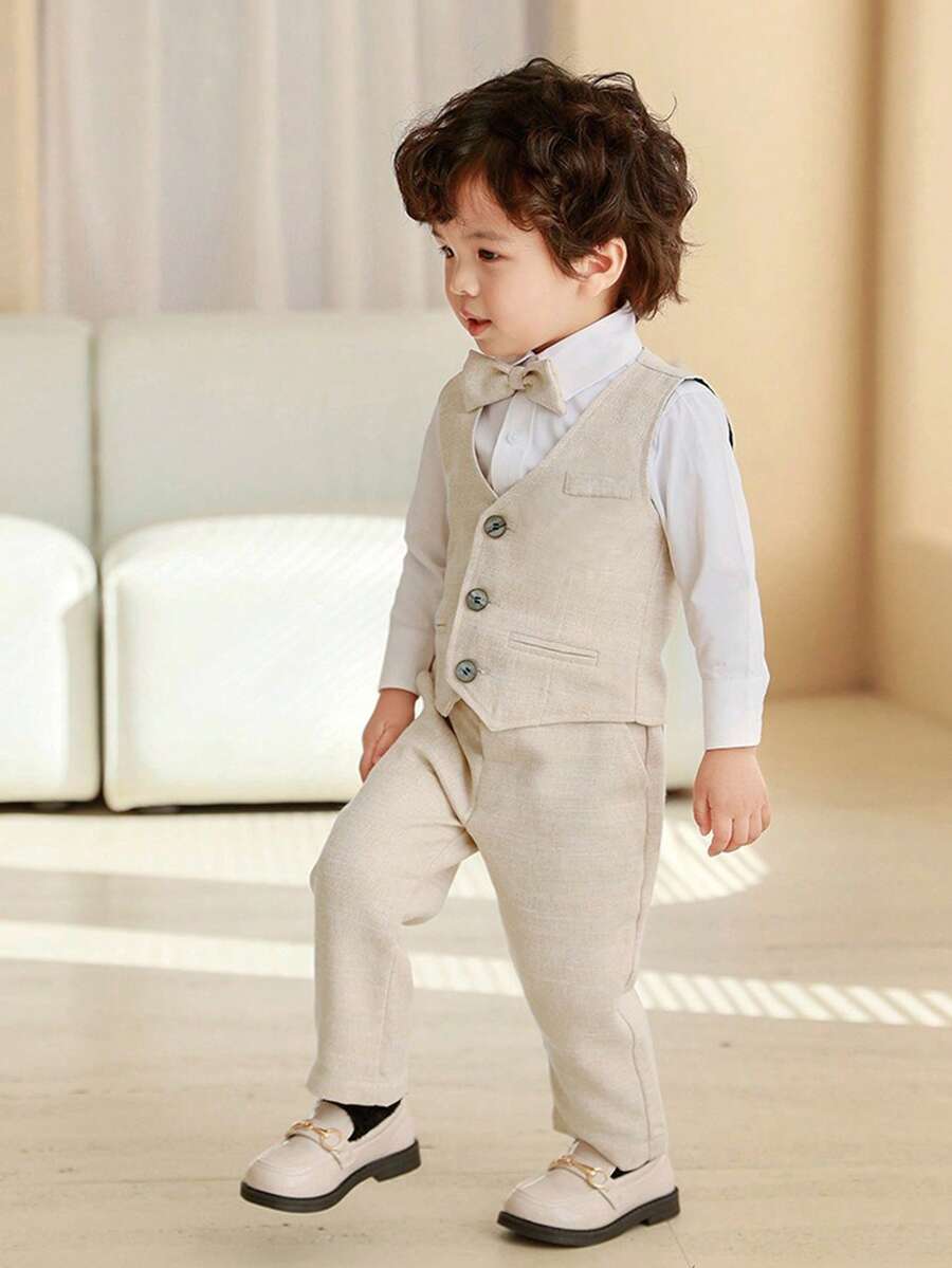 男童绅士风正装四件套 - 米色长袖衬衫、马甲、长裤、领结 | 男童西装套装、幼儿正装、花童服、婚礼派对、生日、返校、演出服