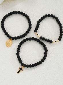 2pcs/4pcs/6pcs Classic Men's Beaded Cross Pendant Bracelet Set, Casual Daily Wear, Gift For Boyfriend, Husband, Father, Son