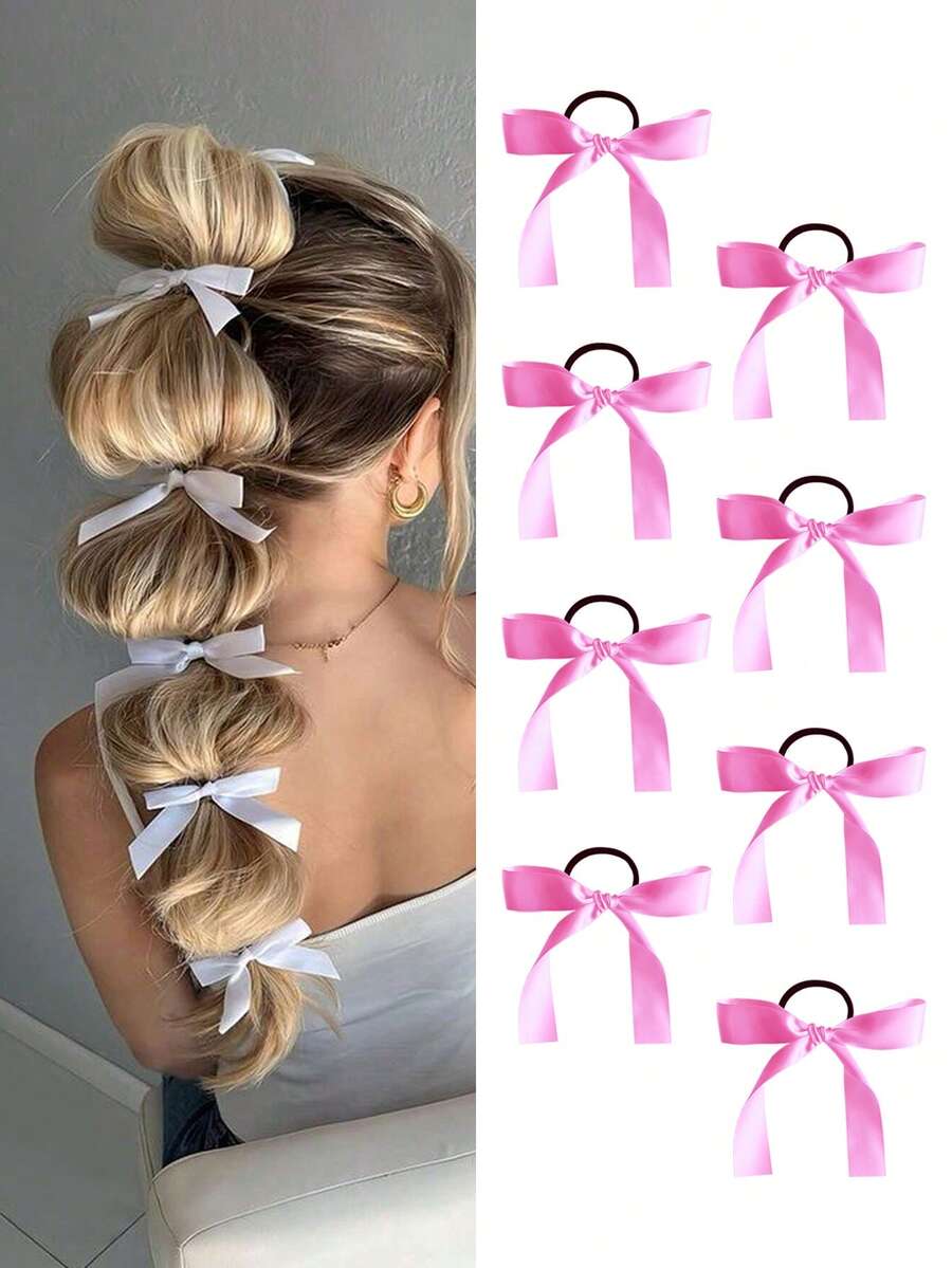 8pcs/Set Multi-Functional Pink Satin Ribbon Hair Accessories Bow Hair Ties Simple Elegant Hair Accessories New Korean Ponytail Hair Bands Exquisite Hair Decorations - Hot Pink - View 1
