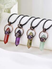 1pc Retro Hexagonal Pointed Pendant Necklace Vintage Natural Semi-Precous Stone Tiger Eye Amethysts Aventurine Quartz Jewelry H664