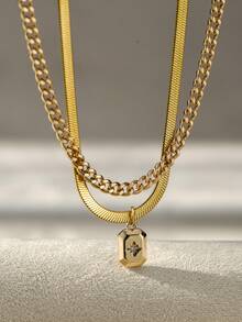 2 件女士不锈钢金色刀片链配方形立方氧化锆吊坠多层脚链套装，夏季度假礼物（链环数量随机）