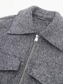 Women's Fashionable Solid Color Turndown Collar Double Pocket Casual Corduroy Soft Wool Jacket, Autumn/Winter - Grey - View 10