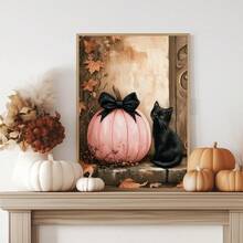 1pc Canvas Wall Art, Halloween Wall Art, Halloween Poster, Framed Wall Art, Playful Black Cat And Pink Pumpkin Poster, Halloween Horror Wall Art, Autumn Home Decor, Autumn Decoration, Cute Decoration, Halloween Decoration, Room Decor, Dorm Decor, Bedroom Home Decor, Autumn Wall Decor - Multicolor - View 11