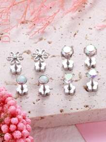 DAILI 4 pares de brincos fofos feitos à mão com a parte traseira lisa para mulheres, hipoalergênicos, em aço inoxidável, ouro 14k, opala, zircônia cúbica, flor, coração, cartilagem, brincos para pele sensível, 20g, brincos de zircônia cúbica rosa e prata