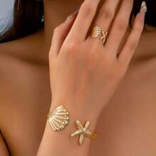 1pc Ocean Elements Stainless Steel Starfish & Seashell Bangle Bracelet, Suitable For Women Everyday Wear
