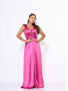 Long Satin Bridesmaid Dress With Flower Detail - Hot Pink - View 6