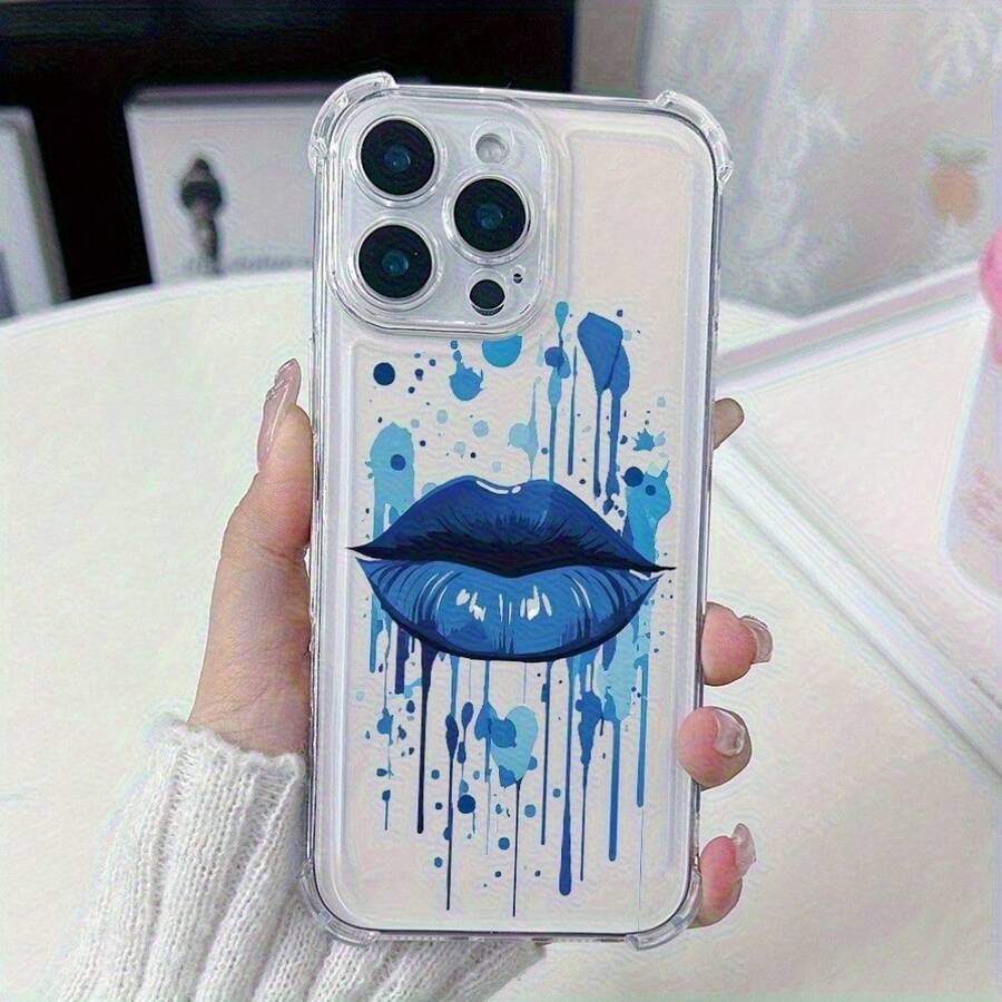 Funda para teléfono (1 unidad) moderna y Funda para teléfono vanguardista con estampado de labios azules y salpicaduras de tinta. Protección antigolpes. Funda transparente de TPU con esquinas reforzadas. Compatible con phone 16 Pro, 11, 15 Pro y 14 Pro. - Colores mixtos 1 - Ver 1