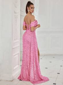 ADYCE Women's Glamorous Off-Shoulder Sequin Waist Maxi Dress With Slit And Train, Suitable For Parties, Galas, Elegant Formal Dinners, Wedding Guest Attire, Graduations, Galas, Valentine's Day And Other Occasions - Pink - View 2