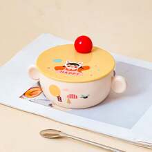 1/4 件多用途创意塑料圆形杯盖带手柄和贴纸，可爱卡通杯盖，通用防尘杯盖，适用于陶瓷杯、玻璃杯、茶杯、咖啡杯等，适用于家庭办公室饮具配件