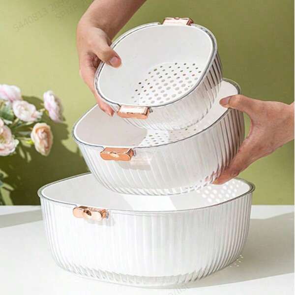 Double Layered Kitchen Drain Basket, Household Living Room Fruit Plate, Thickened, Simple, High Aesthetic Value, Double-Layer Filter Washed Vegetable Basket