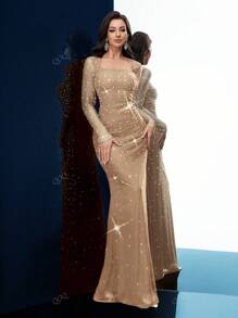 Evening Gown Women Rhinestone Formal Dress For Evening Party, Formal Events, Cocktail Party, Charity Prom, Long Sleeve Fishtail Dresses