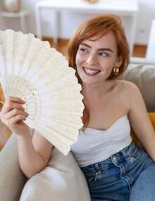 Handheld Chinese Folding Fan Hand Fans For Women Foldable Bulk For Party Wedding Church Dancing (White) - 白色 - 查看 8
