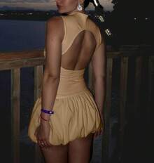 Bubble Dress Women Sleeveless Mock Neck Knit Open Back Dress Bodycon Y2k Party Club Short Dress - 棕色 - 查看 3