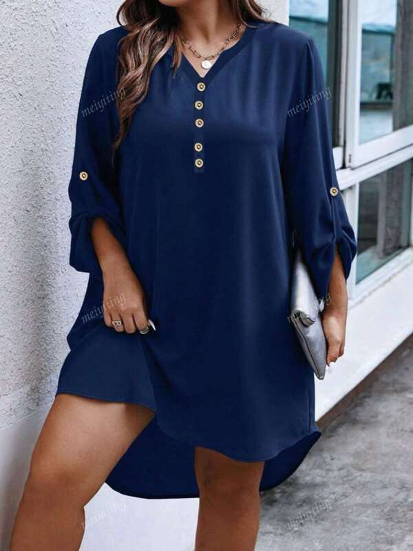 New Elegant Plus Size Women Solid Color Button Roll Up Sleeve Casual Dress, Suitable For Spring & Autumn