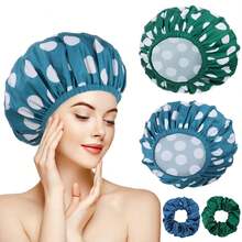 2 Packs Large Shower Caps For Women, Waterproof Shower Cap Double Layers Bath Caps With Hair Scrunchies For Long Thick Hair - 深藍色,深綠色 - 查看 1