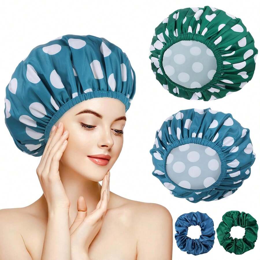2 Packs Large Shower Caps For Women, Waterproof Shower Cap Double Layers Bath Caps With Hair Scrunchies For Long Thick Hair - 深藍色,深綠色 - 查看 1