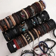 6pcs European & American Style Multi-Layer Leather Braided Bracelet Set, Simple & Fashion Accessory Suitable For Daily Wear, Gift For Friends And Family (Random Color & Design)
