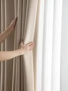 1 件纯色现代人造丝遮光窗帘，带杆袋设计，适用于客厅和卧室 - 透明滤光窗帘，客厅窗帘，卧室窗帘 - 米色 - 查看 7