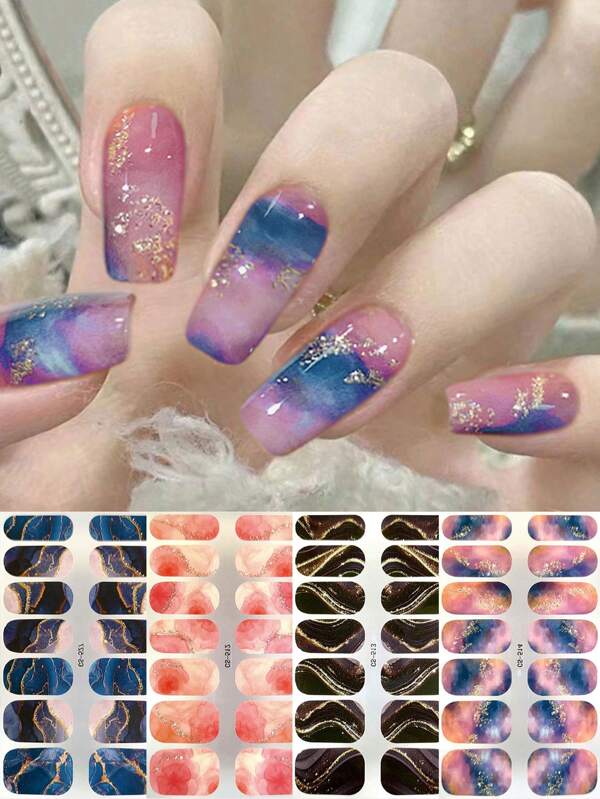 Juego de 4 hojas de envolturas adhesivas para uñas con efecto degradado de purpurina, talla grande 2 limas de uñas, pegatinas de arte de uñas DIY para mujeres y niñas