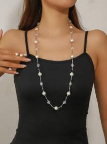 3-teiliges Set aus Halskette und Ohrringen mit Perlenanhänger aus Metall, asymmetrische Farben, modisches und hochwertiges Schmuckset für Damen