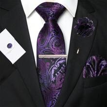 1set Men's Purple Paisley Pattern Tie, Pocket Square, Silver Tie Clip, Cufflinks, And Lapel Pin Combo Set. Suitable For Workplace, Business, Meeting, Wedding, Graduation And More Occasions