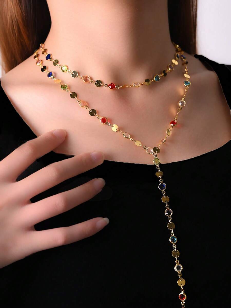 Colar de metal com cristais coloridos de camada dupla, colar de borla de corrente longa da moda para mulheres
