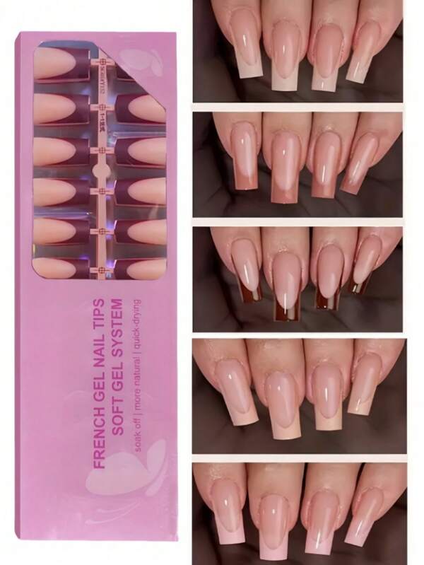 150 piezas Uñas postizas cuadradas largas, 5 colores puntas francesas marrones de gel suave, usadas como uñas falsas para DIY, estilo sencillo y versátil en 15 tamaños adecuados para mujeres