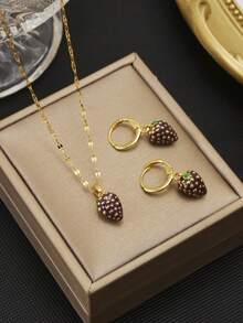 3pcs Set Red 3D Strawberry Stainless Steel Delicate Luxurious Women Necklace & Earrings - Yellow Gold - View 3