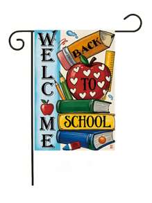 1pc Vivid "Back To School" Garden Flag - Colorful School Theme Design With Book, Pencil, And Apple Patterns, Durable Linen Material, Perfect For School Theme Decoration, Outdoor Courtyard Decoration, Porch, Yard, Backyard Decoration | Festival Flag Design | Waterproof Flag, Outdoor Garden Flag | Back To School Season Decoration, Excluding Flagpoles