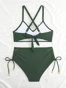New Sexy Cross Bandage High Waist Drawstring Cover Belly Bikini Swimsuit Set With Metal Decor For Women, European And American Style