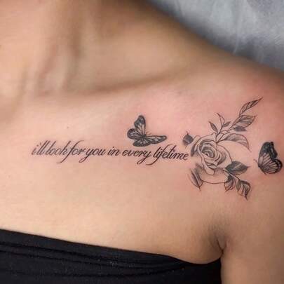 1pc Washable Waterproof Sweat-Proof Non-Reflective Artistic Rose, Butterfly, English Letter, Inspirational Temporary Tattoo, Romantic Clavicle Design, Suitable For Fashionable Daily Use