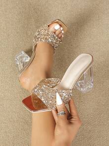 Ladies' Champagne Square-Toe Rhinestone Peep-Toe Slip-On Transparent Heel Sandals, Elegant High-End Party & Event Wear, Comfortable And Fashionable High Heeled Sandals - Champagne - View 2