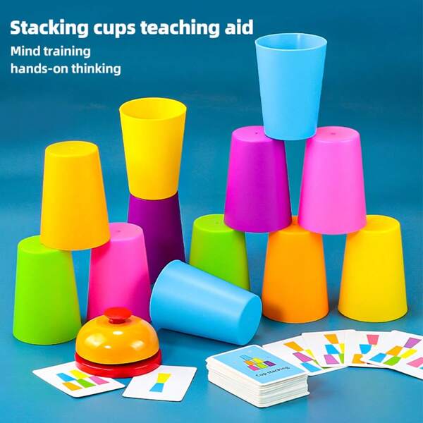 1 Set Stacking Cup Game With 12 Cups, 54 Cards And 1 Buzzer, Tabletop Game For Family Party