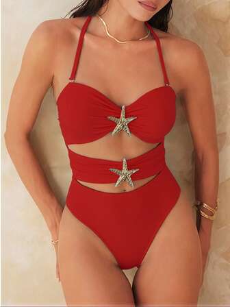 2025 Beach Outfit Women's One-Piece Swimsuits, Comfortable Stretchy Nylon Fabric, Fashion Small Starfish Decor, Front Hollow Backless Halter Style