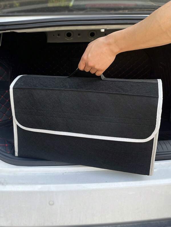 1pc Black Large Car Trunk Felt Storage Bag, Foldable Car Trunk Organizer Box, High Capacity Storage Container