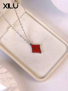 1pc Poker Card & Turquoise Enamel Pendant Necklace For Women, European & American Design
