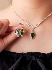 1 Bộ vòng cổ tua rua Cubic Zirconia & Bộ hoa tai cho cô dâu, Phụ kiện váy cưới - màu xanh ô liu - Xem 3