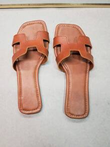 2025 Summer New H-Type Fashionable Flat Sandals, Casual Simple Outdoor Beach Slippers For Women, Solid Color, PU Leather, Casual Elegant For Beach, Office, Home, Party, Summer